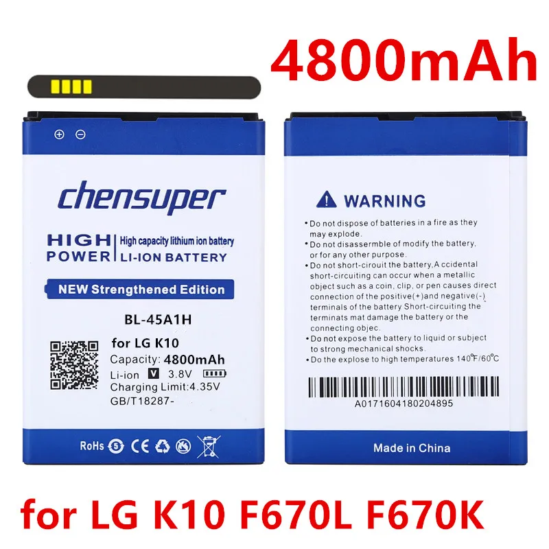 Аккумулятор chensuper BL-45A1H/BL45A1H, 4800 мАч для LG K10, F670L, F670K, F670S, F670, K420N, K10, LTE, Q10, K420
Аккумулятор chensuper BL-45A1H/BL45A1H, 4800 мАч для LG K10, F670L, F670K, F670S, F670, K420N, K10, LTE, Q10, K420