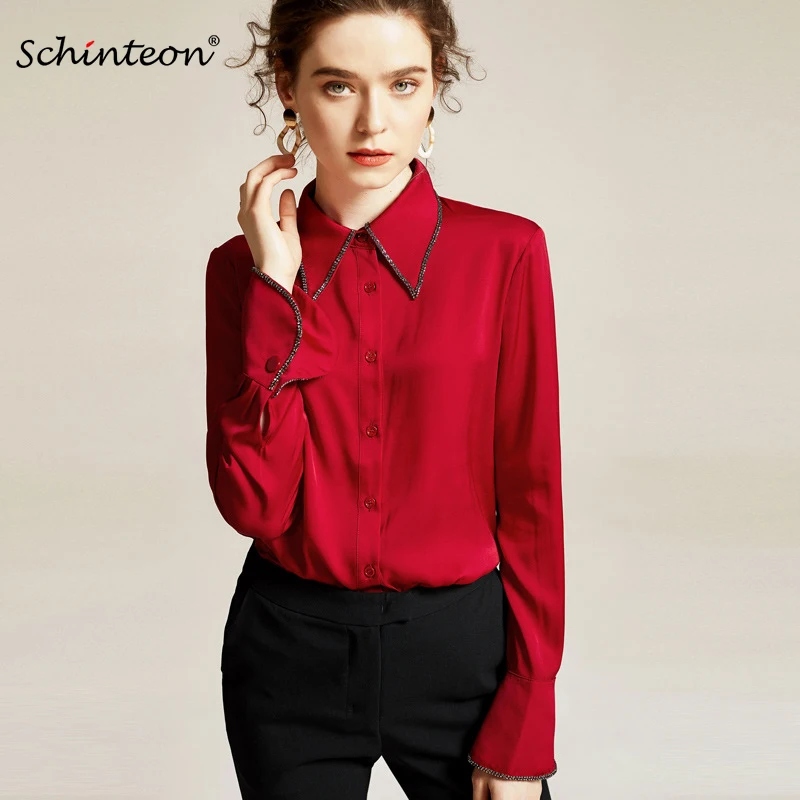 2020 Schinteon Spring Women Real Silk Blouse Diamond Patchwork Long Sleeve Turn-Down Collar Office Lady Solid Shirt
2020 Schinteon Spring Women Real Silk Blouse Diamond Patchwork Long Sleeve Turn-Down Collar Office Lady Solid Shirt