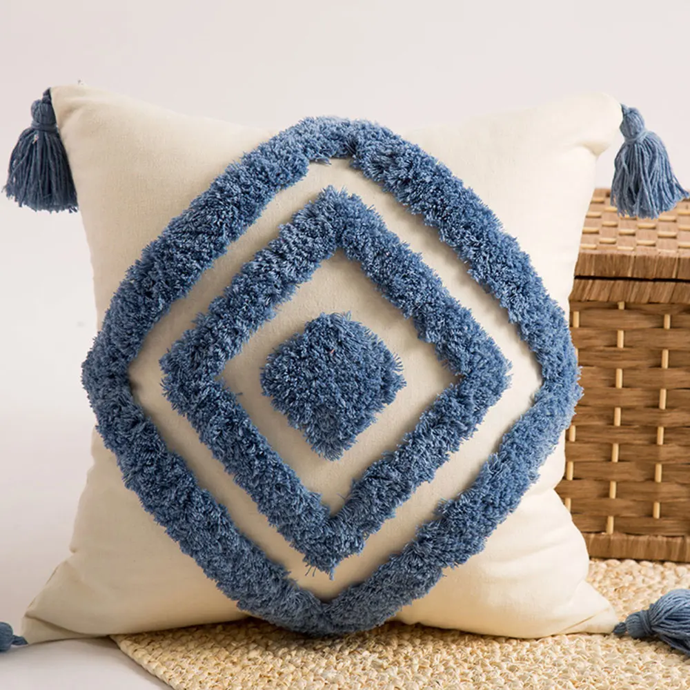 

Papa&Mima Blue Plaids 3D Quilted Cotton Linens Soft Square Knitted Cushion Covers Protective No Core for Sofa Chair Car