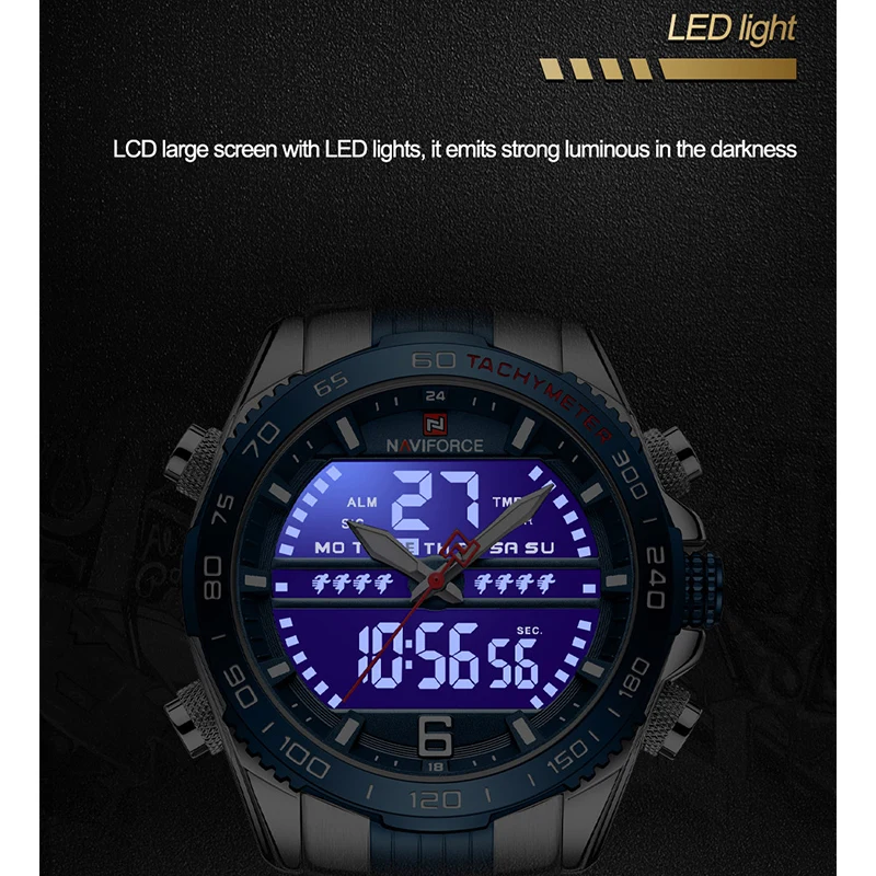 Люксовый бренд NAVIFORCE цифровые спортивные часы для мужчин Стальной ремешок