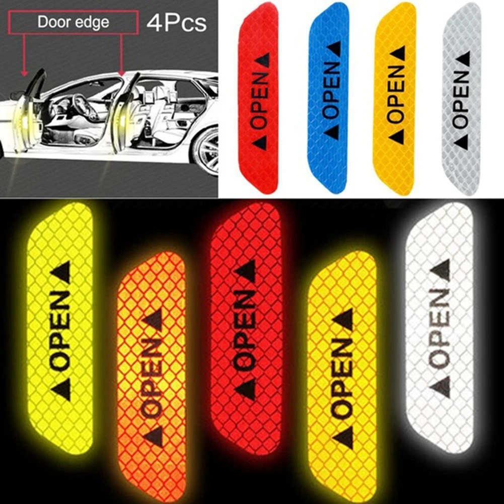 

4pc/set Car Door Stickers Universal Safety Warning Mark OPEN High Reflective Tape Auto Driving Safety Reflective Strips Dropship