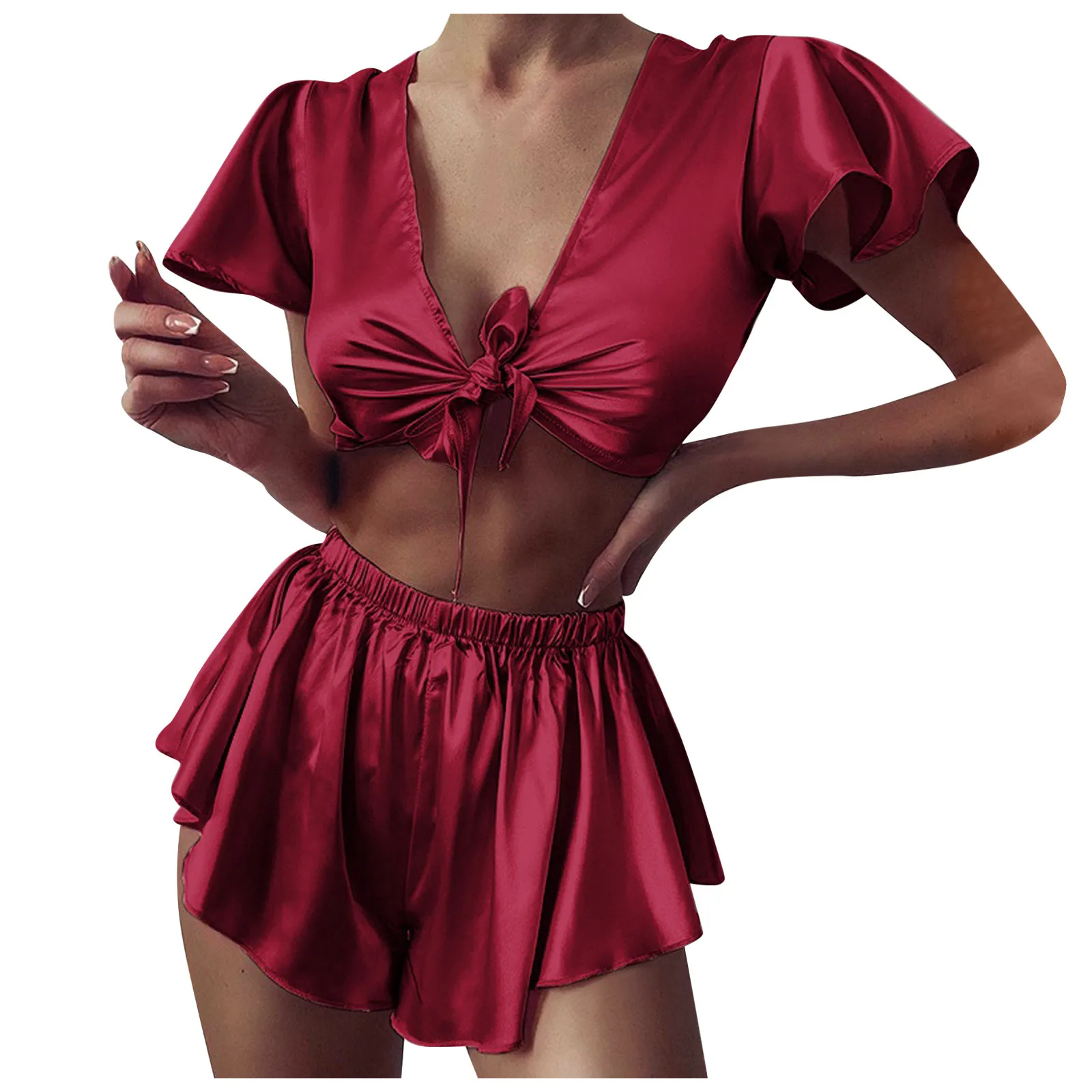Women Sexy-lingerie Sleepwear Satin Silk Babydoll Lace Up Nightwear Pajamas Set V-neck Short Sleeve Women Pajamas Nightdress#
Women Sexy-lingerie Sleepwear Satin Silk Babydoll Lace Up Nightwear Pajamas Set V-neck Short Sleeve Women Pajamas Nightdress#