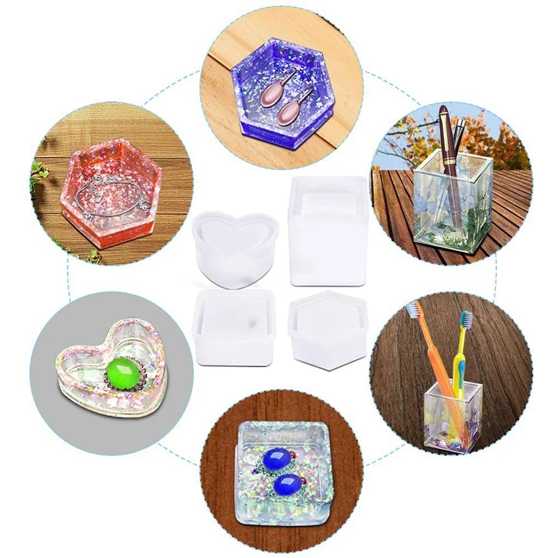 4 Pcs Resin Silicone Molds, Jewelry Storage Box Mold Including Hexagon, Heart, Square, for Candle Holders, Pen Holders 
4 Pcs Resin Silicone Molds, Jewelry Storage Box Mold Including Hexagon, Heart, Square, for Candle Holders, Pen Holders
