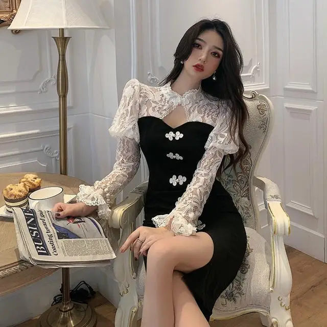 Small black skirt new autumn and winter fashion temperament sexy lace stitching waist show thin cheongsam dress
Small black skirt new autumn and winter fashion temperament sexy lace stitching waist show thin cheongsam dress