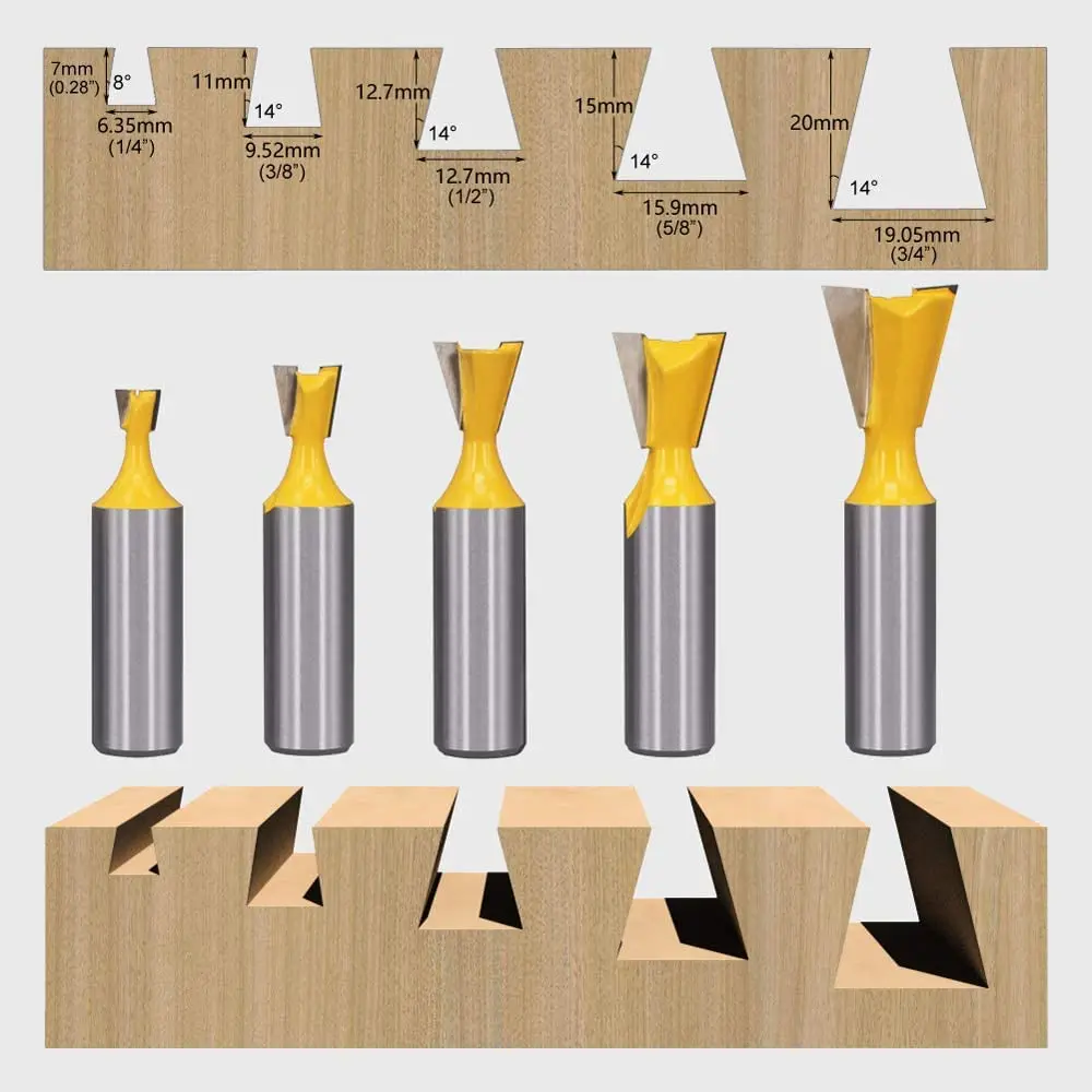 5pcs 8mm Shank Dovetail Joint Router Bits Set 14 Degree Woodworking Engraving Bit Milling Cutter for Boxes Drawers Chests Wood
5pcs 8mm Shank Dovetail Joint Router Bits Set 14 Degree Woodworking Engraving Bit Milling Cutter for Boxes Drawers Chests Wood