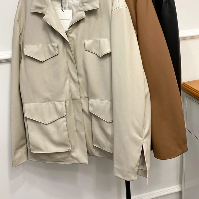 Early Autumn Women's Jacket Faux Leather Zipper Multi-Pocket Solid Color Cuff Slits Loose Female Coat
Early Autumn Women's Jacket Faux Leather Zipper Multi-Pocket Solid Color Cuff Slits Loose Female Coat
