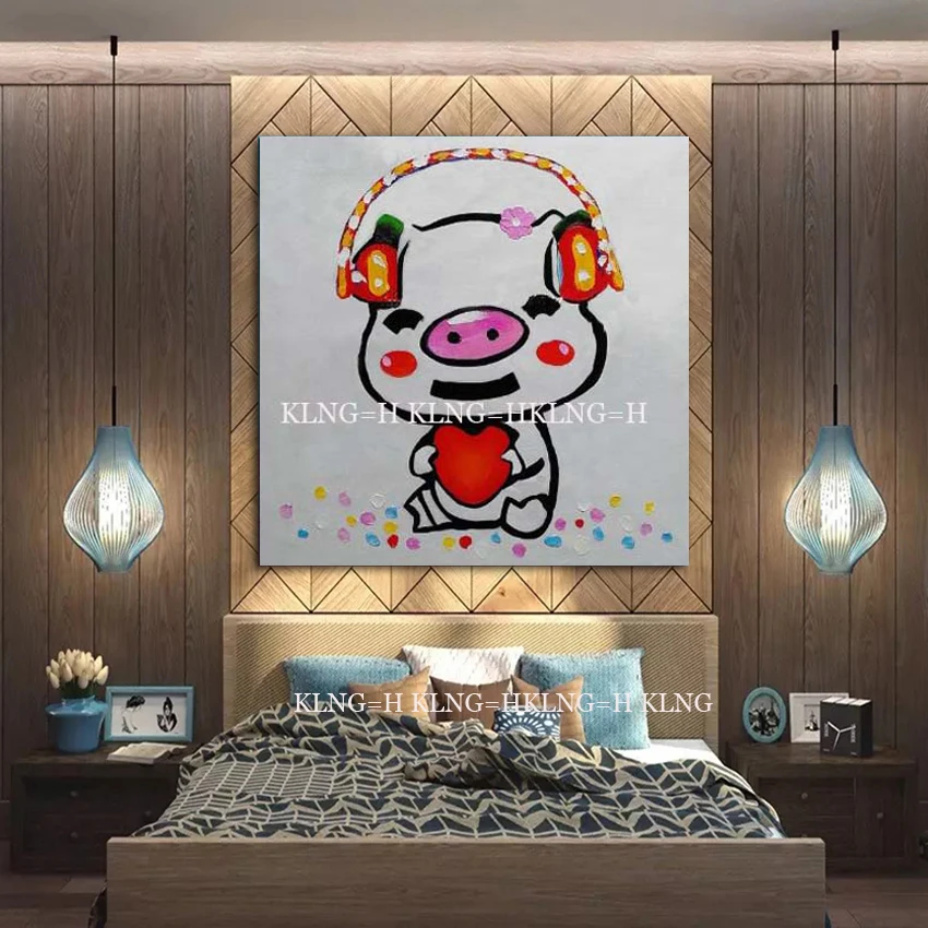 

New Painting Hand-painted High Quality Funny Design Pig with Wreath Oil Painting Handmade Cute Pig Oil Painting for Living Room