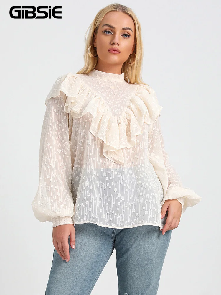 

GIBSIE Plus Size Stand Collar Keyhole Back Ruffle Top Women Spring Summer Chiffon Lantern Sleeve Sweet Ladies Tops and Blouses