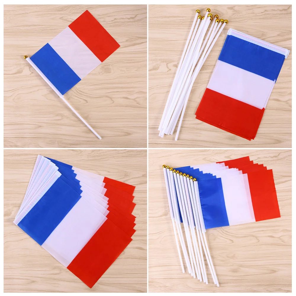 10pcs France Hand Held Flags Mini French National Country Hand Flag 14x21cm (Gold White Stick)
10pcs France Hand Held Flags Mini French National Country Hand Flag 14x21cm (Gold White Stick)