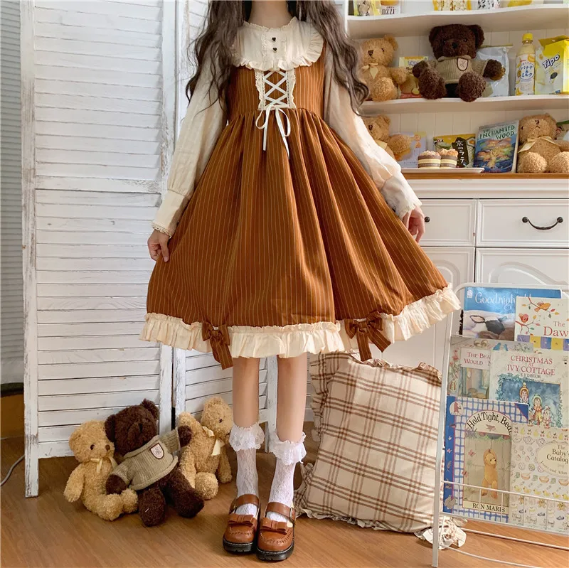 

Sweet Women's Lolita OP Dress Brown Plaid Dress Ruffles Bows Trim Cute One Piece Fall Elegant Dress Bows Trim