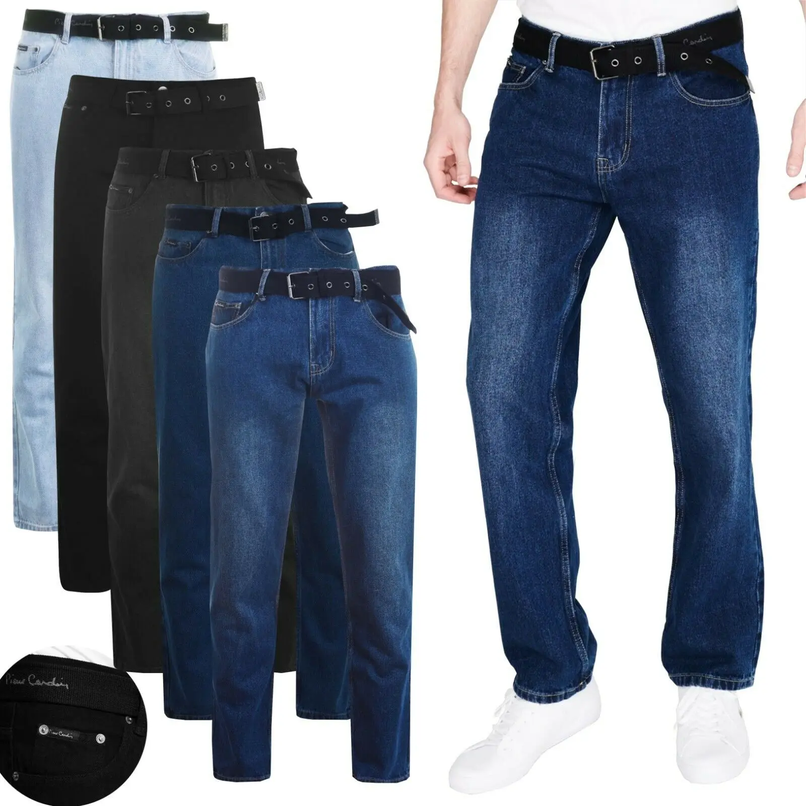 

Mens Pierre Cardin Denim Jeans Straight Fit Belted Trousers Long Regular Pants