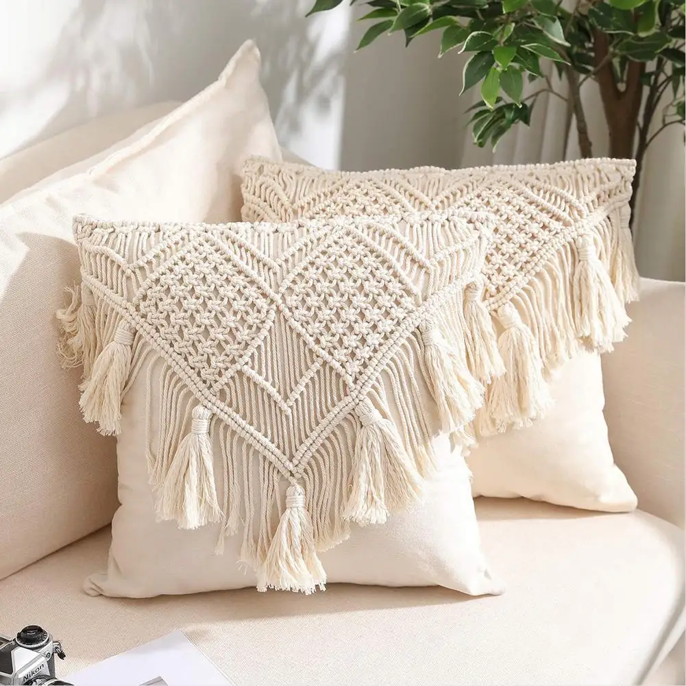 

Cushion Covers Cotton Linen Macrame Hand-woven Thread Pillow Covers Geometry Bohemia Style Pillowcase Home Decor 45x45cm