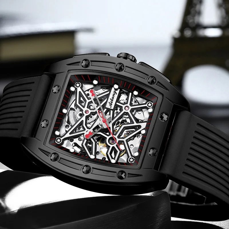 AILANG Skeleton Automatic Mechanical Watches Mens Silicone Sports Wrist Watch Men Luxury Tonneau Clock Horloges Mannen New 2021
AILANG Skeleton Automatic Mechanical Watches Mens Silicone Sports Wrist Watch Men Luxury Tonneau Clock Horloges Mannen New 2021