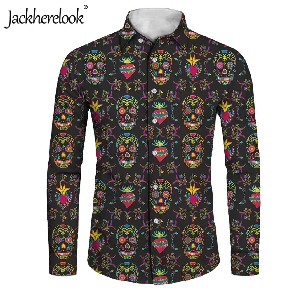Jackherelook 2021 Men Casual Long Sleeved Shirt Sugar Skull Print Slim Fit Male Social Business Dress Shirts Button Down Tops 
Jackherelook 2021 Men Casual Long Sleeved Shirt Sugar Skull Print Slim Fit Male Social Business Dress Shirts Button Down Tops