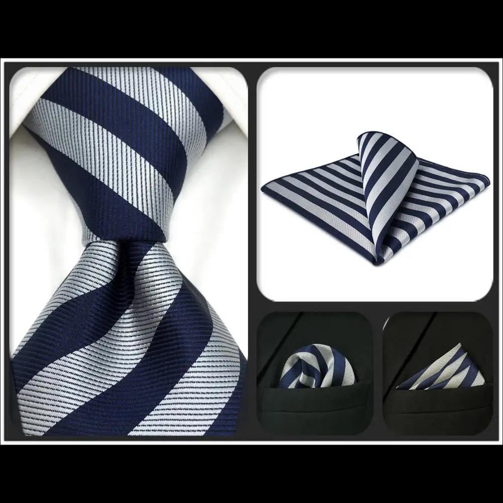 

G09 Gray Blue Striped Neckties Set Silk Classic Fashion Ties for Mens Gift Hanky Extra Long Size Wedding