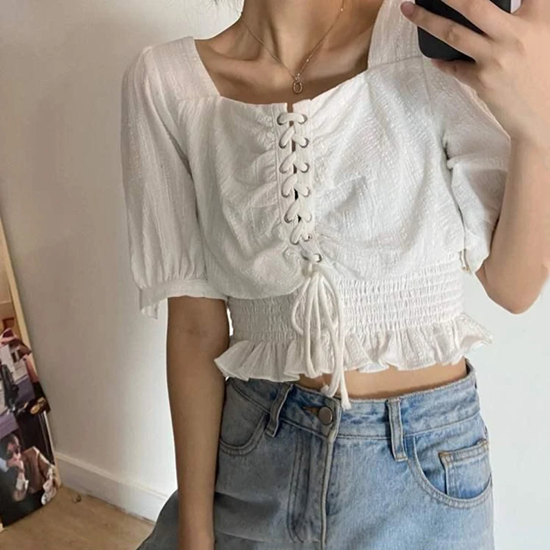Lace Up Vintage White Shirt Cotton Linen Sexy Top Women Blouse Summer Short Sleeve Cropped Ruffle Tops Tunics 2021 Fashion
Lace Up Vintage White Shirt Cotton Linen Sexy Top Women Blouse Summer Short Sleeve Cropped Ruffle Tops Tunics 2021 Fashion