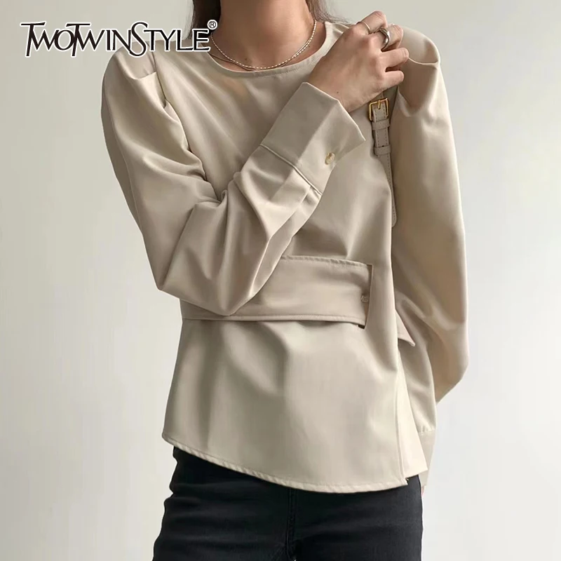 TWOTWINSTYLE Patchwork Girdle T Shirts For Female O Neck Long Sleeve High Waist Slimming Solid Color Women's Casual T Shirt New
TWOTWINSTYLE Patchwork Girdle T Shirts For Female O Neck Long Sleeve High Waist Slimming Solid Color Women's Casual T Shirt New