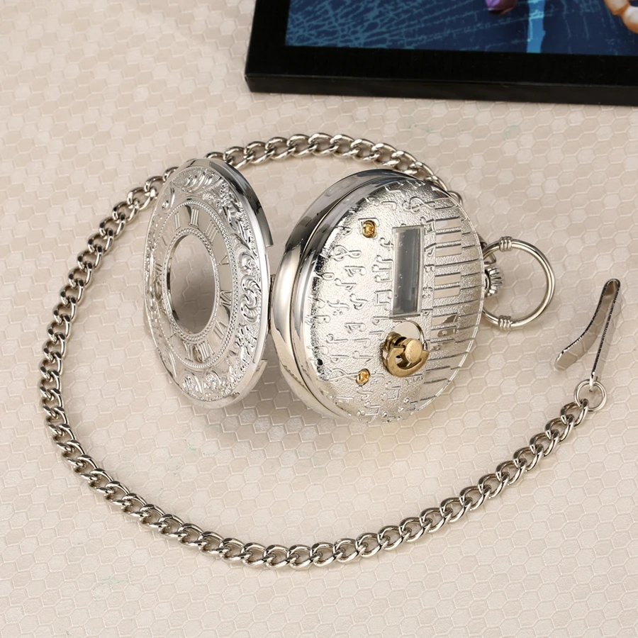 Роскошные Серебристые карманные часы с музыкальным механизмом кварцевые ручным