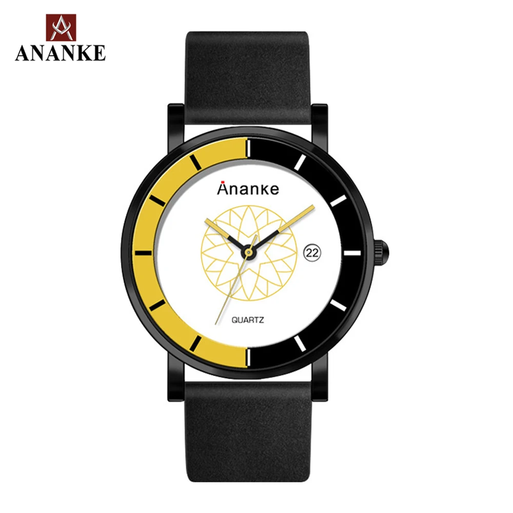 RU: Мужские кварцевые часы ANANKE, водонепроницаемые и ударостойкие, с черным кожаным ремешком на пряжке и автоматической датой, для молодых мужчин, модель AN03.