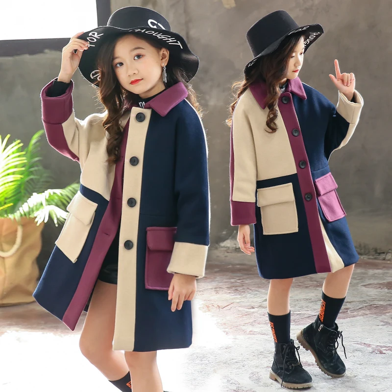 

New Girls Multicolored Woolen Jacket Fall Winter Kids Fashion Student Coloured Woollen Coat Children's Wear Spliced Overcoat P54