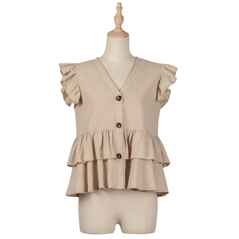 2020 Women's Summer Blouse Solid Casual Female Shirts V Neck Short Butterfly Sleeve Single Breasted with Ruffles Ladies Tops 
2020 Women's Summer Blouse Solid Casual Female Shirts V Neck Short Butterfly Sleeve Single Breasted with Ruffles Ladies Tops