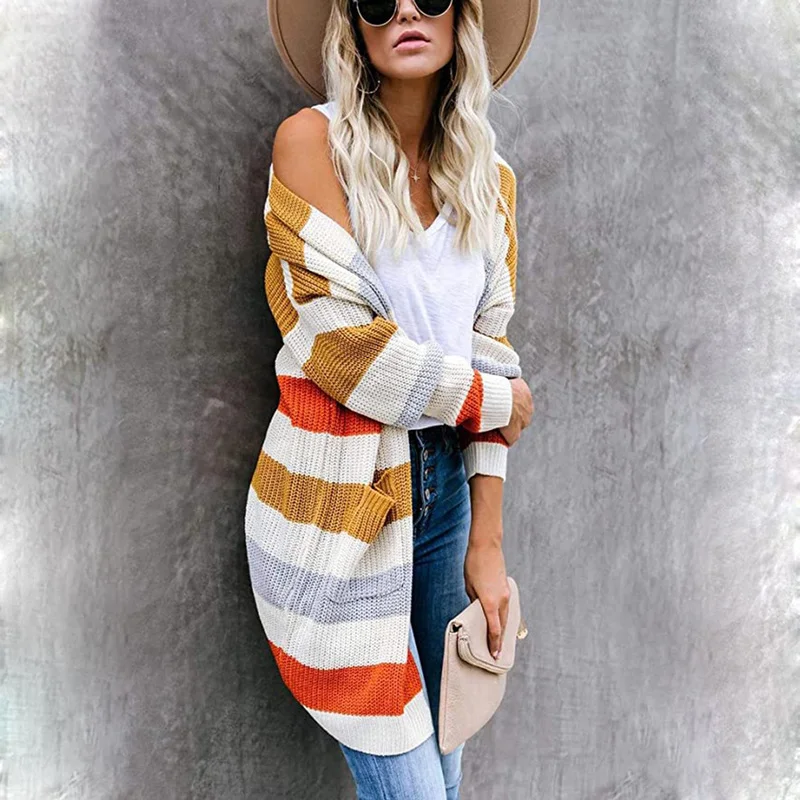 New Long Striped Stitching Sweater Cardigan Women's Oversized Color Matching Pocket Knitted Coat Fashion Clothes
New Long Striped Stitching Sweater Cardigan Women's Oversized Color Matching Pocket Knitted Coat Fashion Clothes