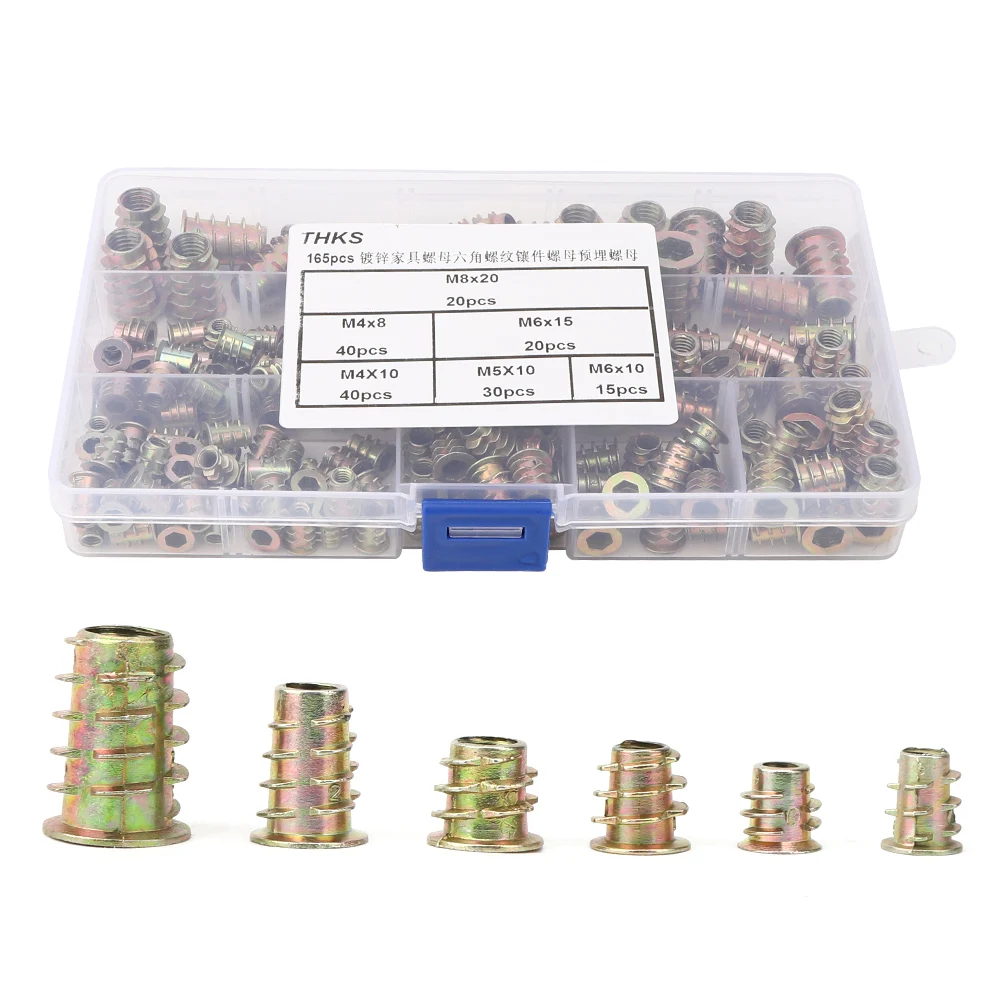 165Pcs Hex Thread Insert Nut Galvanized Wood Furniture Nut Set Color Plated Carbon Steel
165Pcs Hex Thread Insert Nut Galvanized Wood Furniture Nut Set Color Plated Carbon Steel