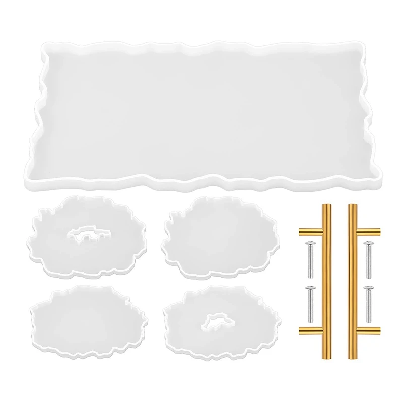 Silicone Resin Tray Molds 1Pcs Resin Tray Molds and 4 Pcs Coaster Molds for Resin Casting with 2Pcs Gold Handles
Silicone Resin Tray Molds 1Pcs Resin Tray Molds and 4 Pcs Coaster Molds for Resin Casting with 2Pcs Gold Handles