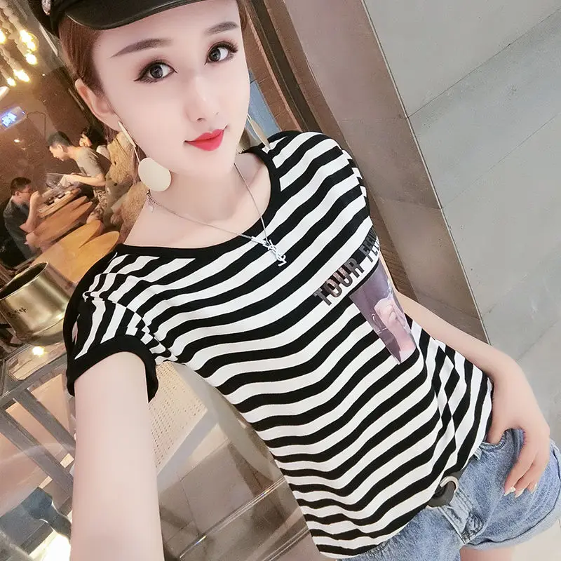 Summer new fashion stripe short sleeve women's niche T-shirt slim sexy split back top
Summer new fashion stripe short sleeve women's niche T-shirt slim sexy split back top