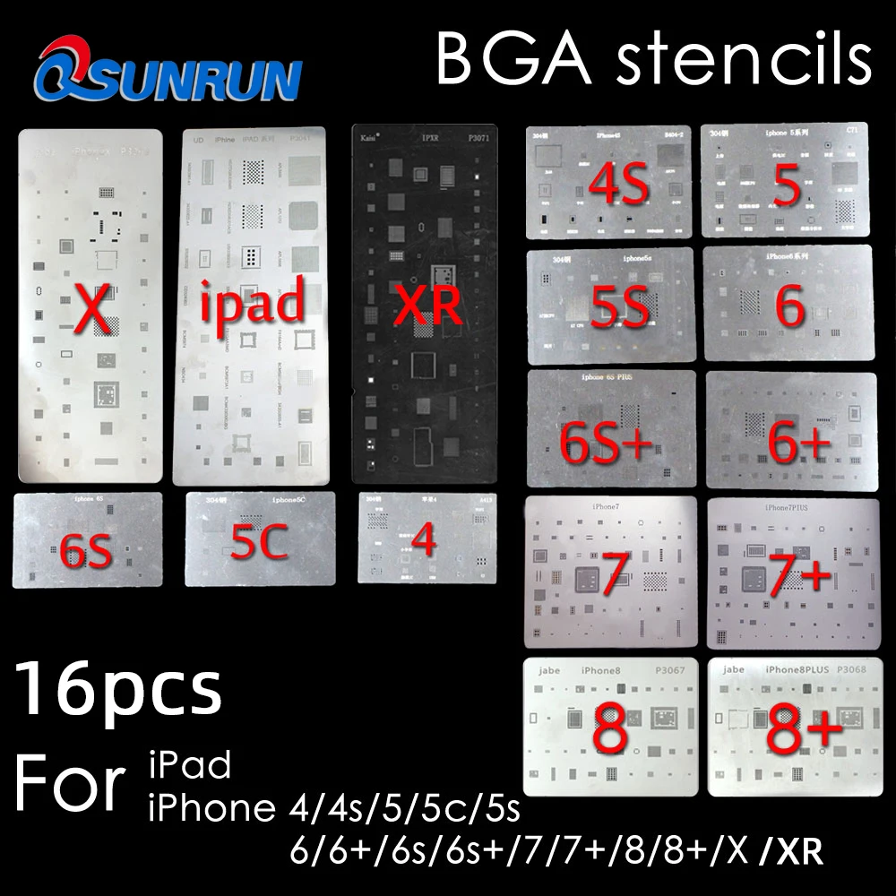 Полный комплект трафаретов для реболлинга BGA 16 шт./Лот iPhone 4 4s 5 5s 5c 6 + 6S 6s XR iPad 7 8 X