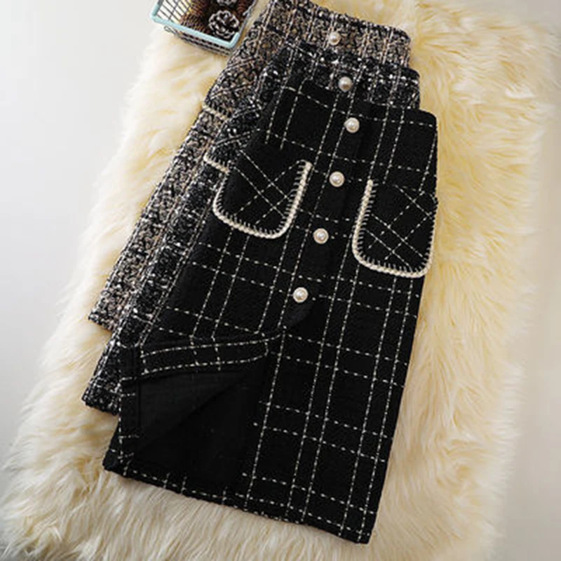 

2021 New Korean Chic Fashion Trend Version Of the Long Section A Word High Waist Skinny Tweed Plaid Half Body Skirt