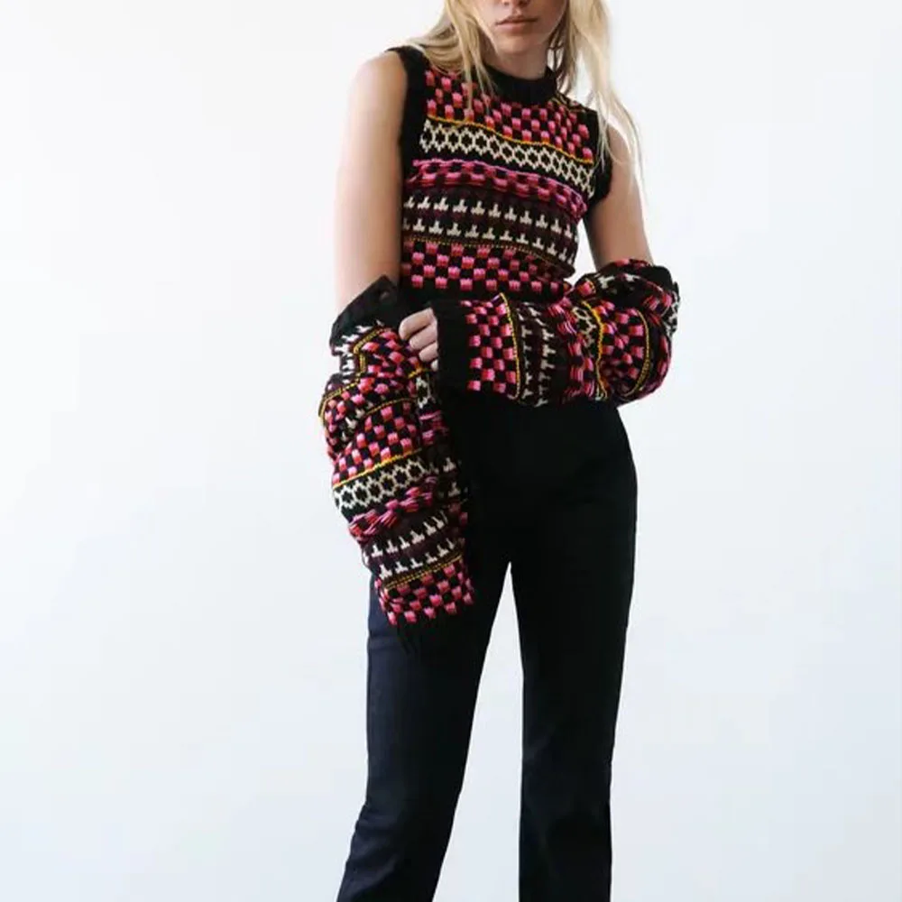 Женский жаккардовый Укороченный трикотажный жилет Za, винтажный жилет без рукавов с круглым вырезом, осень 2021 
Женский жаккардовый Укороченный трикотажный жилет Za, винтажный жилет без рукавов с круглым вырезом, осень 2021