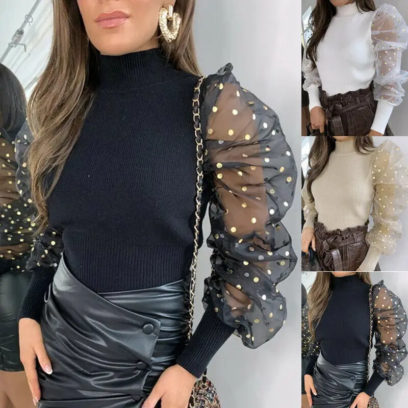 Women Sweater Ladies Long Puff Sleeve Tops Pullover Loose Jumper Ribbed Sequined See Through Autumn Spring Basic 2020 | Женская
