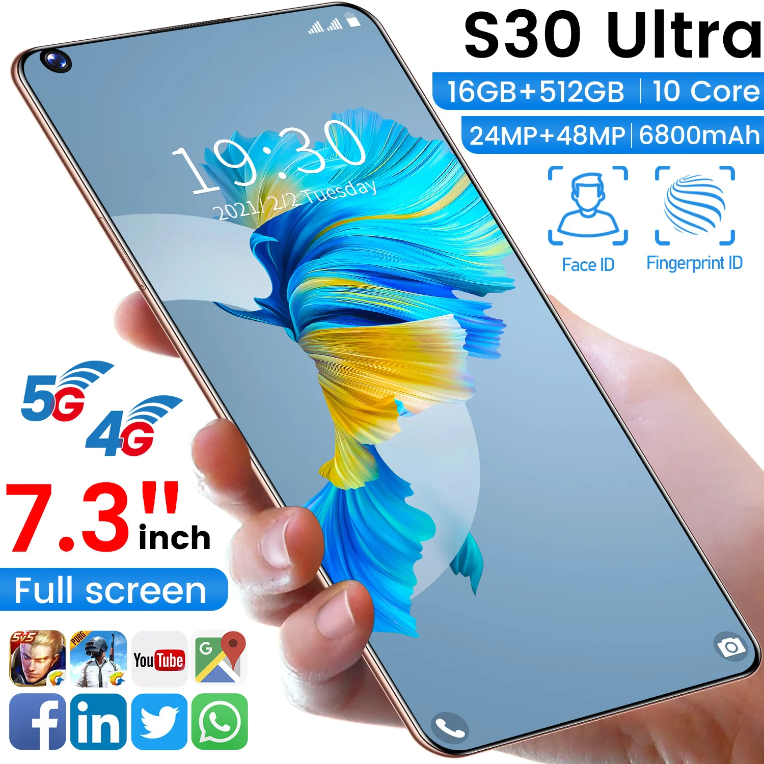 Sansung S30 Ultra 7.3 Inch HD 5G 6800mAh 16GB 512GB 24MP 48MP Andriod10 Smartphone Face ID FingerPrint Snapdragon 888 Cellphone
Sansung S30 Ultra 7.3 Inch HD 5G 6800mAh 16GB 512GB 24MP 48MP Andriod10 Smartphone Face ID FingerPrint Snapdragon 888 Cellphone