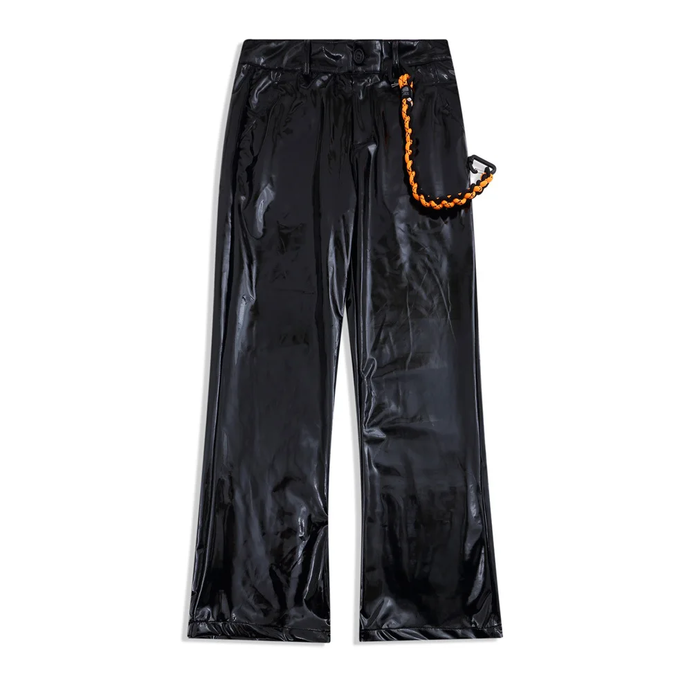 

Men Lanyard Decorated PU Leather Pants Streetwear Loose Casual Hip Hop Rock Fashion Brand Straight Trousers Micro Flared Pants.