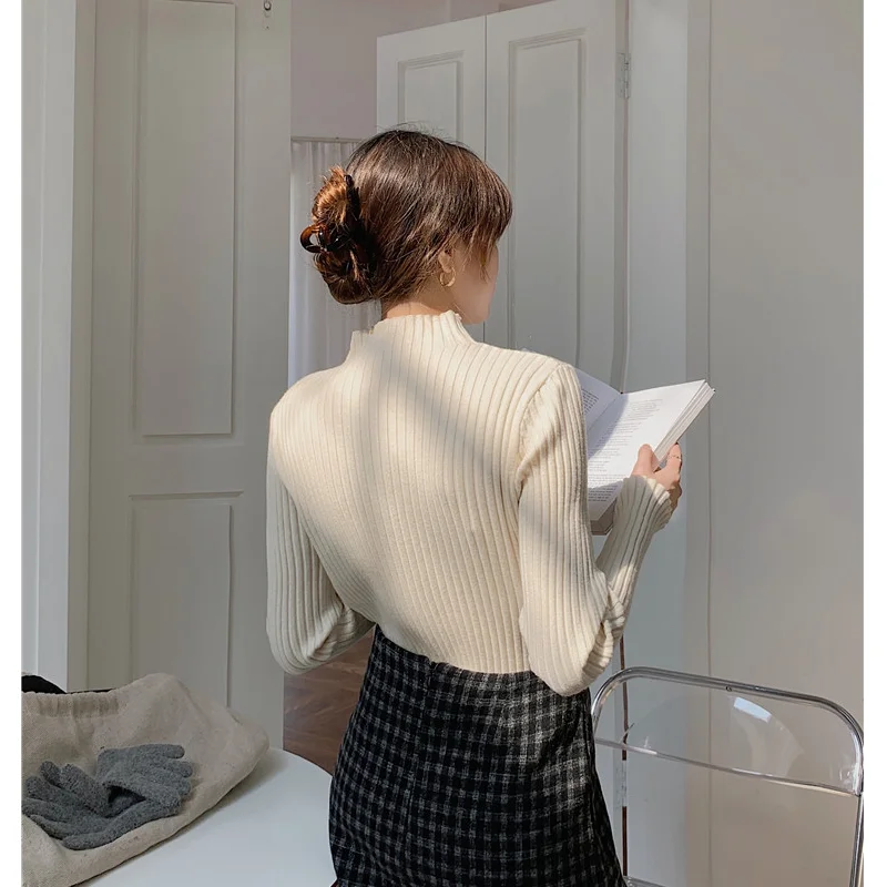 Winter Autumn Women Sweater Long Sleeve Fashion Half High Neck Simple Soild Color Slim Kintted Female Casual Basic Shirt Tops
Winter Autumn Women Sweater Long Sleeve Fashion Half High Neck Simple Soild Color Slim Kintted Female Casual Basic Shirt Tops