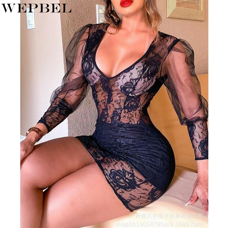 WEPBEL Sexy Long Sleeve Dress Women's Fashion See-through Mesh Lace Dress Autumn V-neck Slim Solid Color High Waist Dress
WEPBEL Sexy Long Sleeve Dress Women's Fashion See-through Mesh Lace Dress Autumn V-neck Slim Solid Color High Waist Dress
