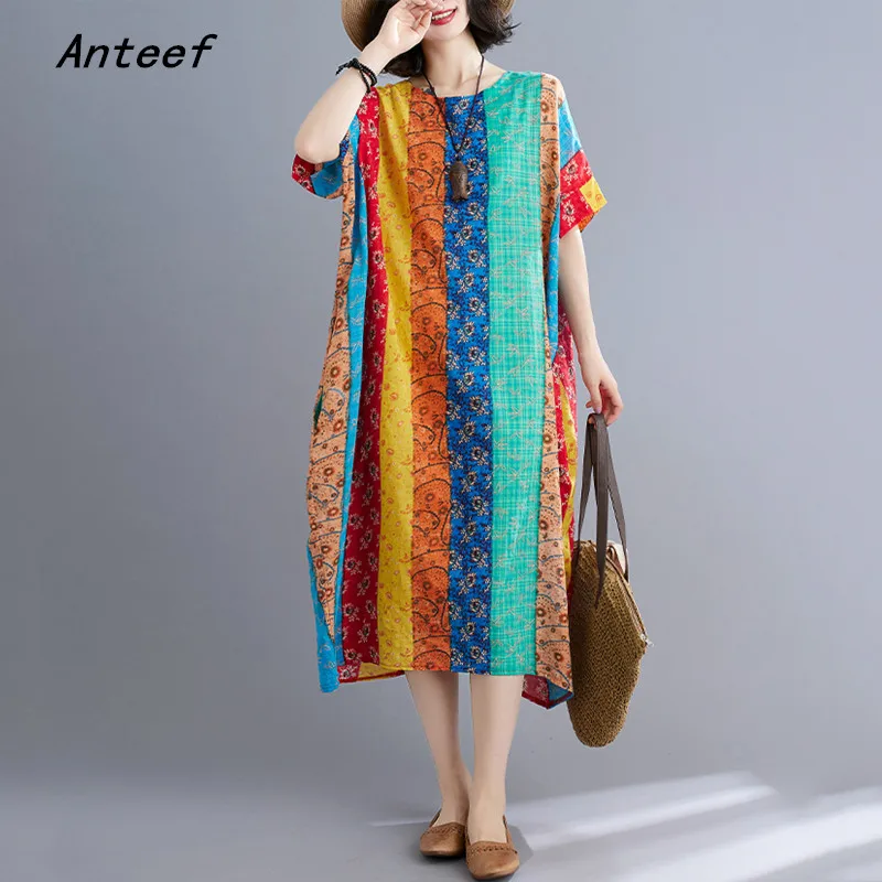 short sleeve cotton vintage floral stripe dresses for women casual loose long woman summer dress elegant clothes 2021
short sleeve cotton vintage floral stripe dresses for women casual loose long woman summer dress elegant clothes 2021