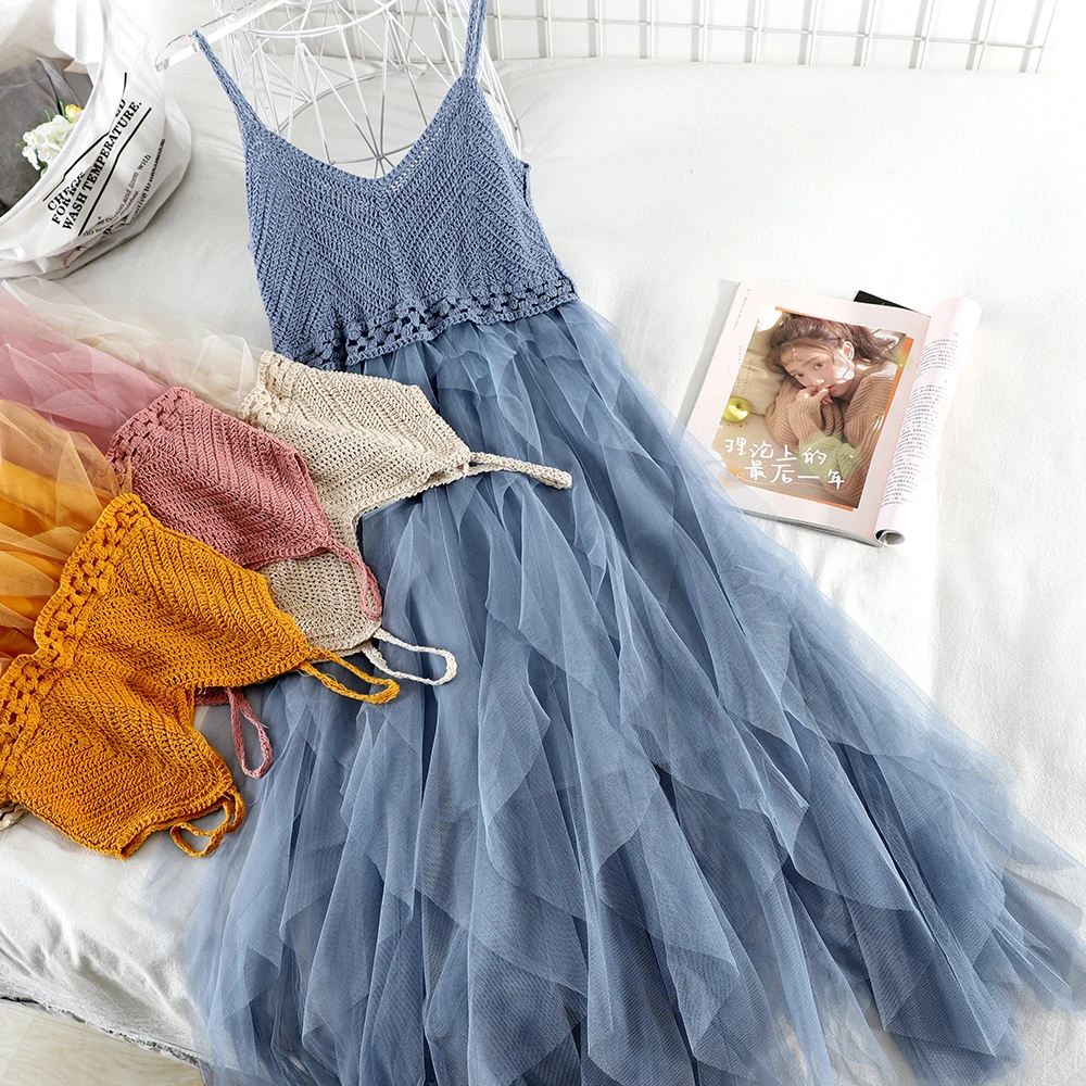 2021 Summer Women Spaghetti Strap Irregular Mesh Gauze Knitted Ball Gown Dress Casual Lady Elastic Slim Pullover Midi Cake Dress
2021 Summer Women Spaghetti Strap Irregular Mesh Gauze Knitted Ball Gown Dress Casual Lady Elastic Slim Pullover Midi Cake Dress