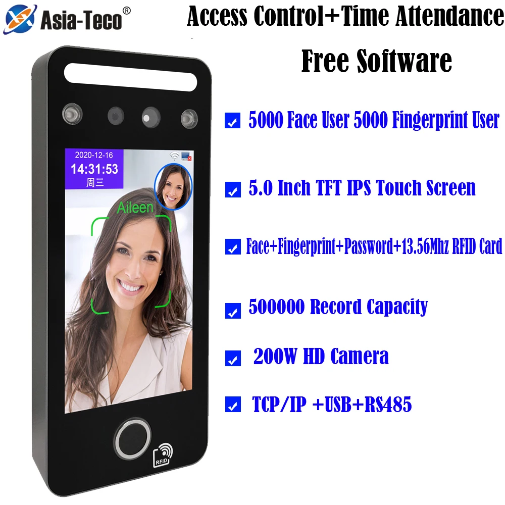 

5 Inch Screen Biometric Terminal Fingerprint Face Recognition Access Control Infrared Camera 125Khz RFID Card Time Attendance
