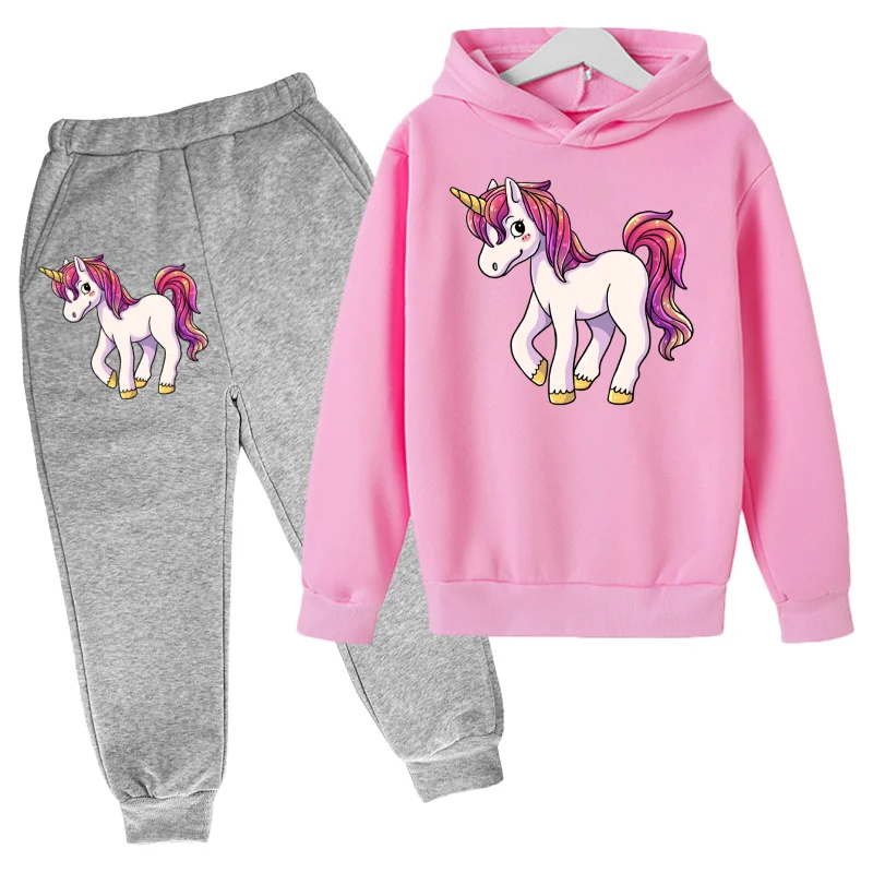 

New Unicorn Pink For Girls Hoodie Suit Cotton Top+Pant 2P Movement Clothing Spring Autumn Keep Warm Kids Childrens Boys Clothes