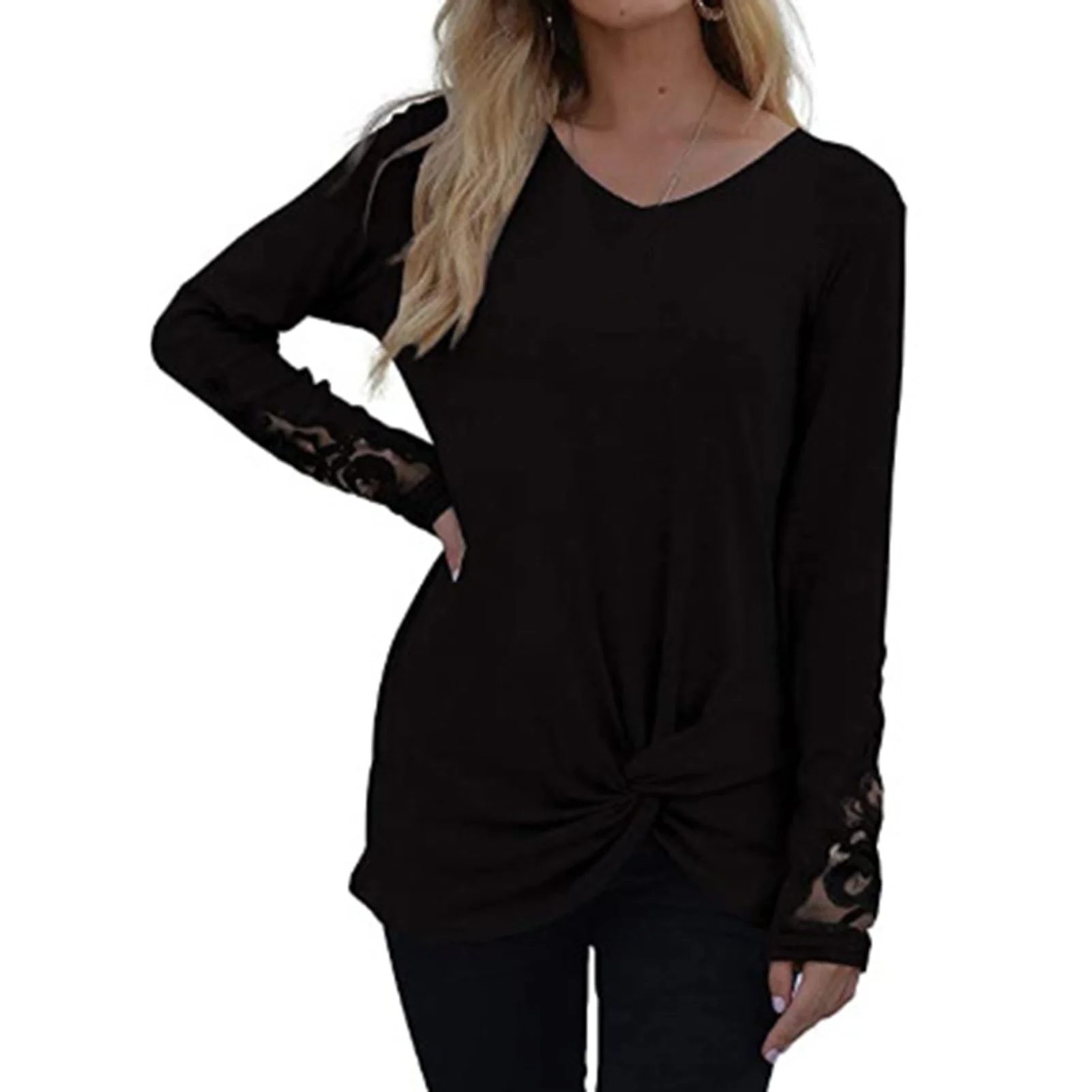 Blouses Women Autumn Lace Patchwork Long Sleeve V Neck Tunic Twist Knot Hem Blouse Top ropa de mujer 2020
Blouses Women Autumn Lace Patchwork Long Sleeve V Neck Tunic Twist Knot Hem Blouse Top ropa de mujer 2020