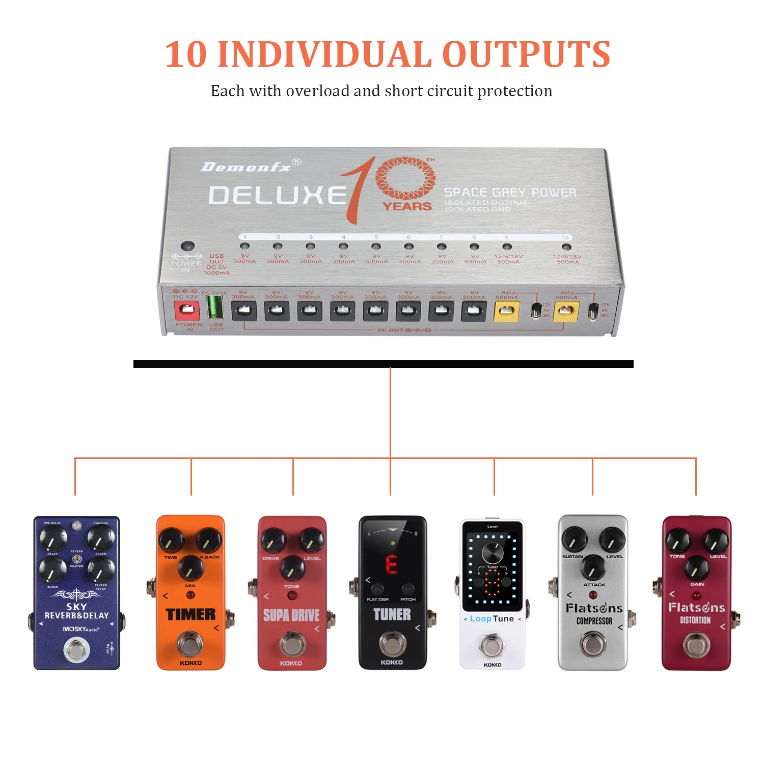 Demonfx Guitar Power Supply 10 Isolated Output for 9V/12V/18V Effect Pedal USB Charging Port Short Circuit & Overload Protection
Demonfx Guitar Power Supply 10 Isolated Output for 9V/12V/18V Effect Pedal USB Charging Port Short Circuit & Overload Protection