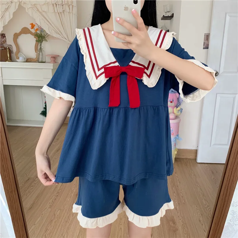 Japanese Summer Sweet Sailor Collar Bow Tracksuit Cute Splice Pajamas Home Kawaii Ruffles Princess Shirts Cartoon Two Piece Suit
Japanese Summer Sweet Sailor Collar Bow Tracksuit Cute Splice Pajamas Home Kawaii Ruffles Princess Shirts Cartoon Two Piece Suit