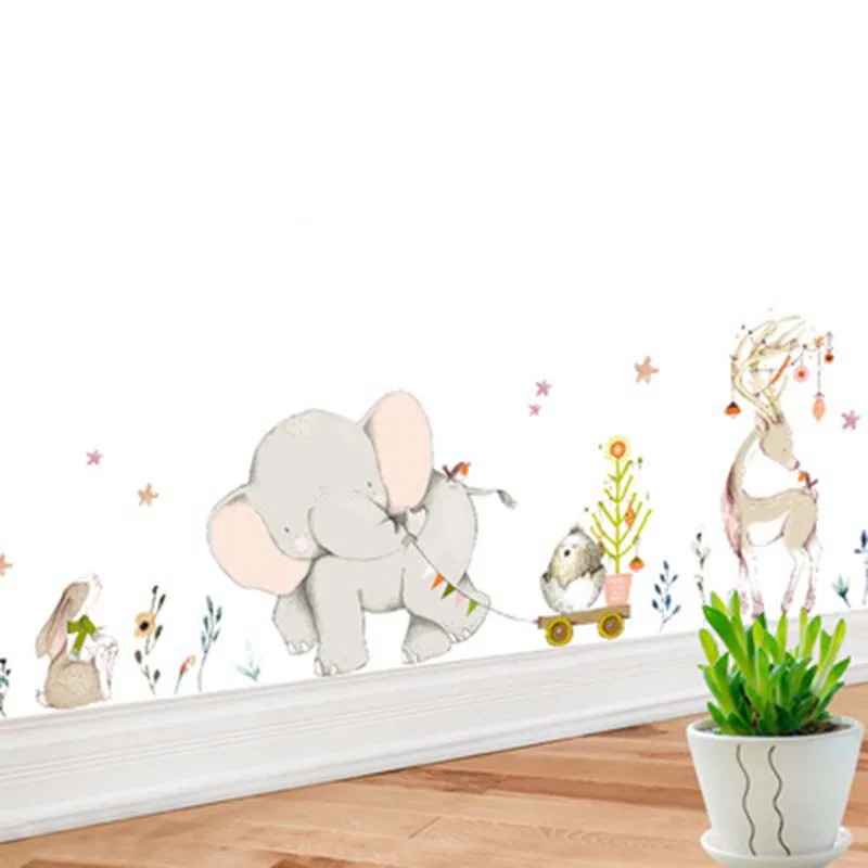 Cartoon Forest Flowe Elephant Rabbit Giraffe Animal Wall Stickers Kids Room Decoration Vinyl Wallpaper Baby Bedroom Decals | Дом и сад