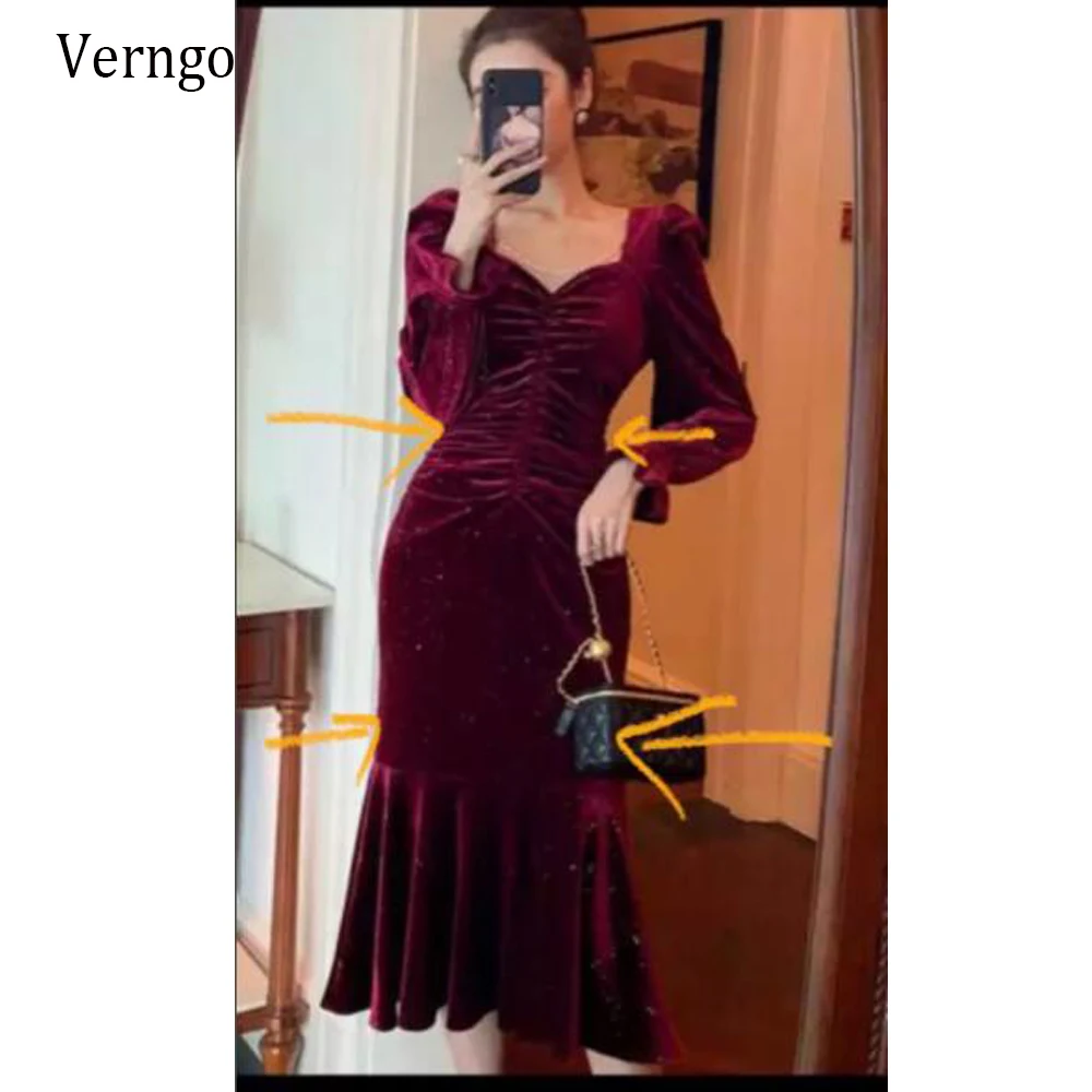 

Вечернее велюровое платье-Русалка Verngo, Бордовое платье с длинным рукавом и квадратным вырезом, плиссированное платье длиной ниже колена дл...