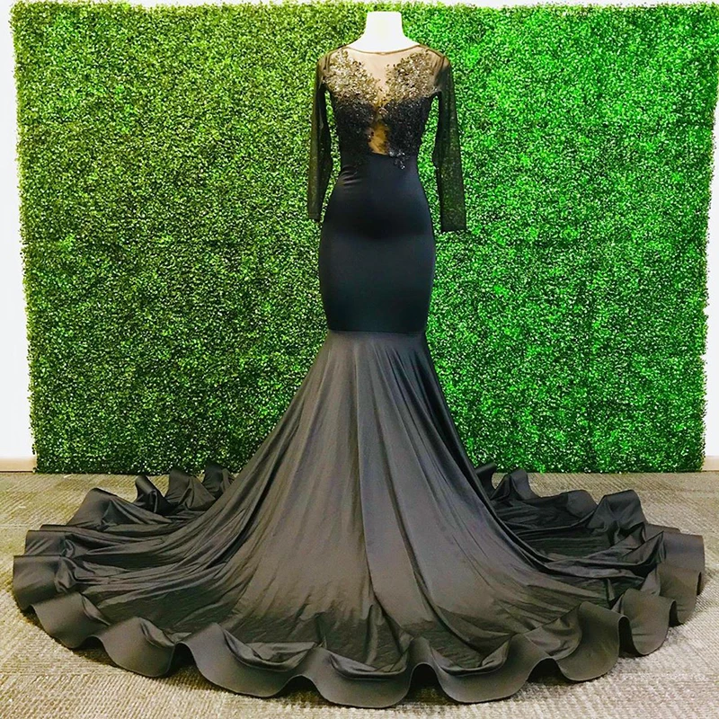 Черный русалки длинное платье для выпускного вечера 2021 сексуальное вышитое