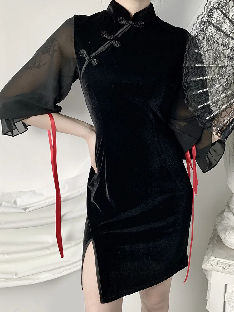 Niggeey Vintage Black Split Cheongsam Dark Patchwork Chiffon Puff Sleeve Corset Dress Women Elegant High Waist Party Dress
Niggeey Vintage Black Split Cheongsam Dark Patchwork Chiffon Puff Sleeve Corset Dress Women Elegant High Waist Party Dress