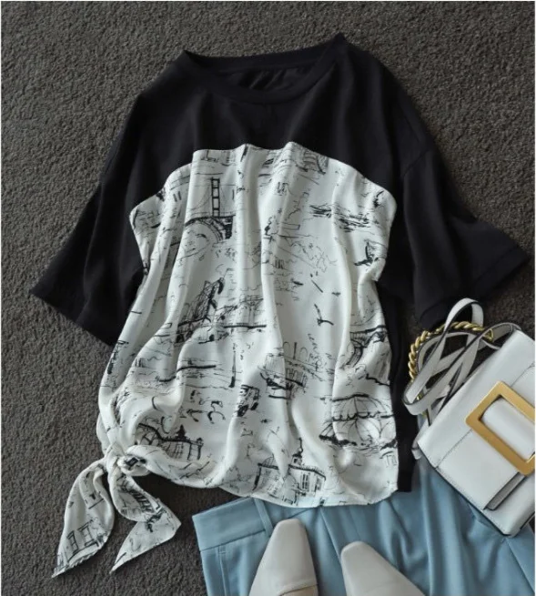 2021 summer new Korean version loose and thin stitching chiffon top round neck short sleeve printed T-shirt female trend
2021 summer new Korean version loose and thin stitching chiffon top round neck short sleeve printed T-shirt female trend