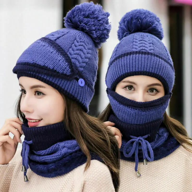Hot Women Knitted Beanie Scarf Hat Face Mask Set Snood Neck Winter Pompom Cap Thicken CGU 88 | Аксессуары для одежды